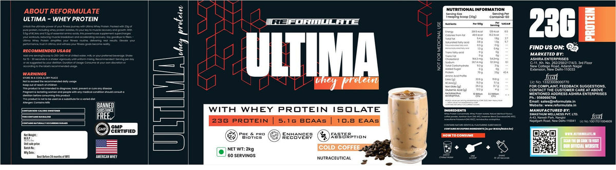 Reformulate Ultima I Whey Protein with Isolate I 23 G Protein I 5.1G BCAA I 10.8 EAA I Pre & Probiotics - Cold Coffee | Grocsy
