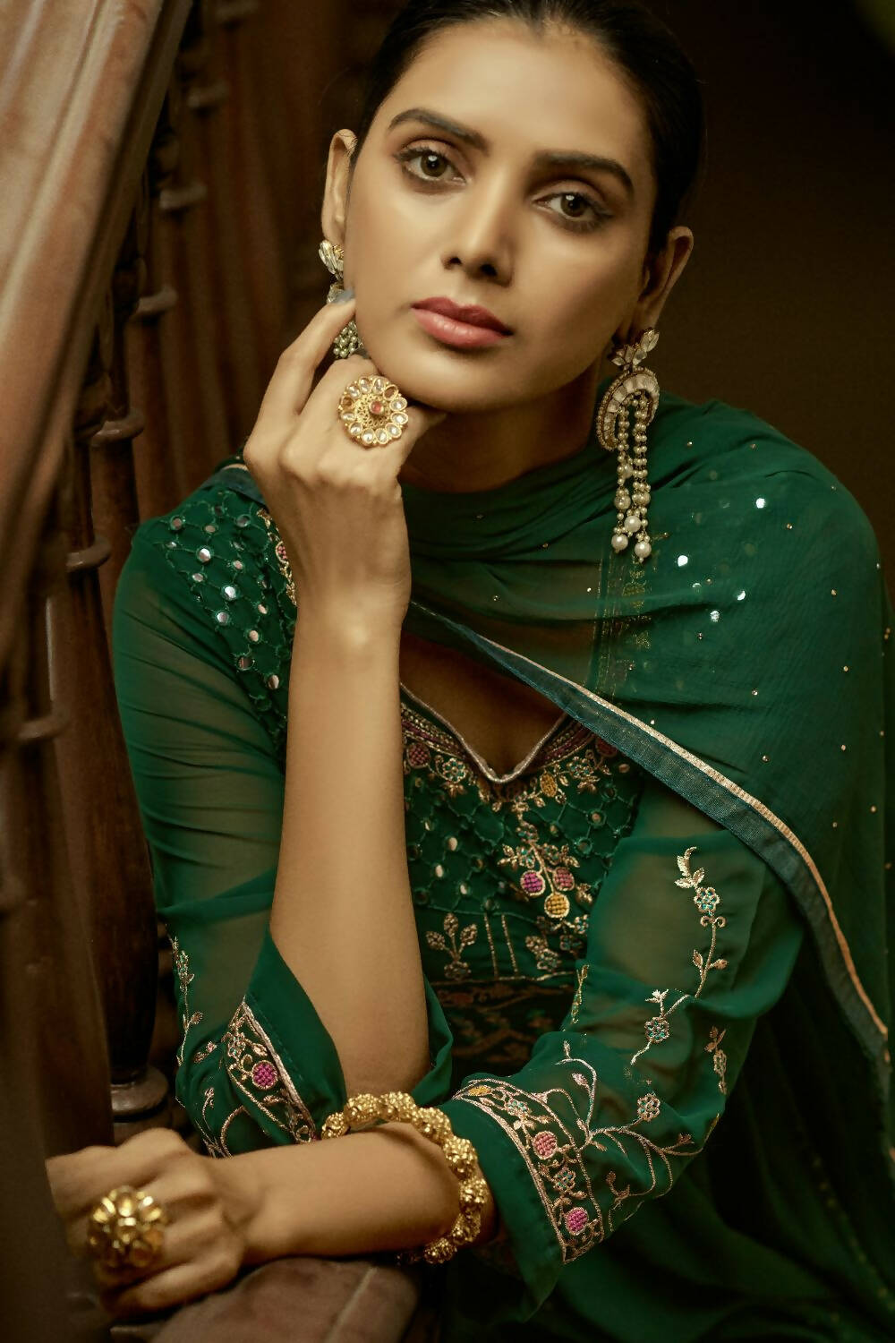 Green Heavy Faux Georgette Anarkali Embroidered Kurta Set - Dhvani | Grocsy