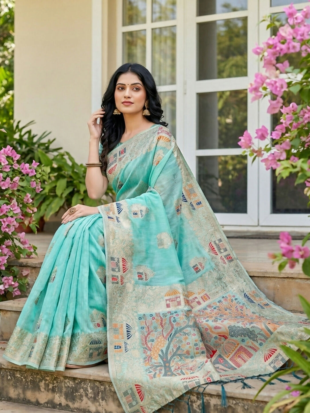 Shree Shyam Fashion Sky Blue Linen Cotton Saree | Grocsy