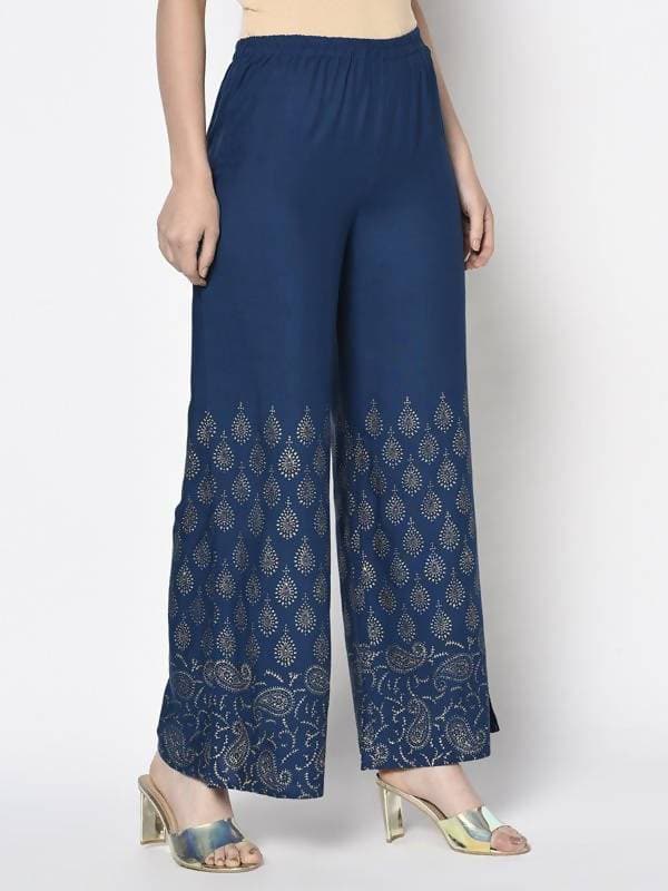 Aniyah Rayon Blue Color Gold Print Flared Slip-On Palazzo (AN-209K) | Grocsy