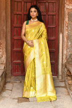 Joban Fashion Yellow Pure Katan Pure Handloom Banarasi Silk Saree | Grocsy