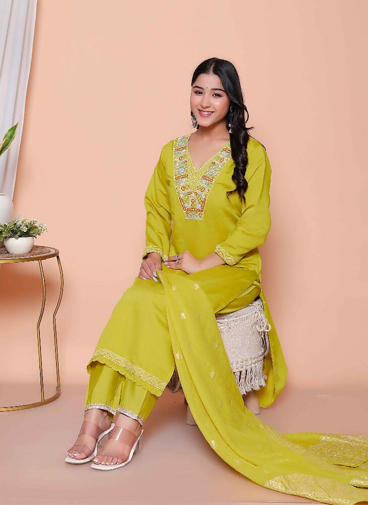 Miravan Womens Muslin Yellow Kurta And Palazzo With Dupatta Set | Grocsy