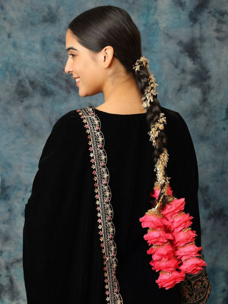 Ruby Raang Gold Gota Pati Work And Pink Rosses With Black Thread & Golden Stones | Grocsy