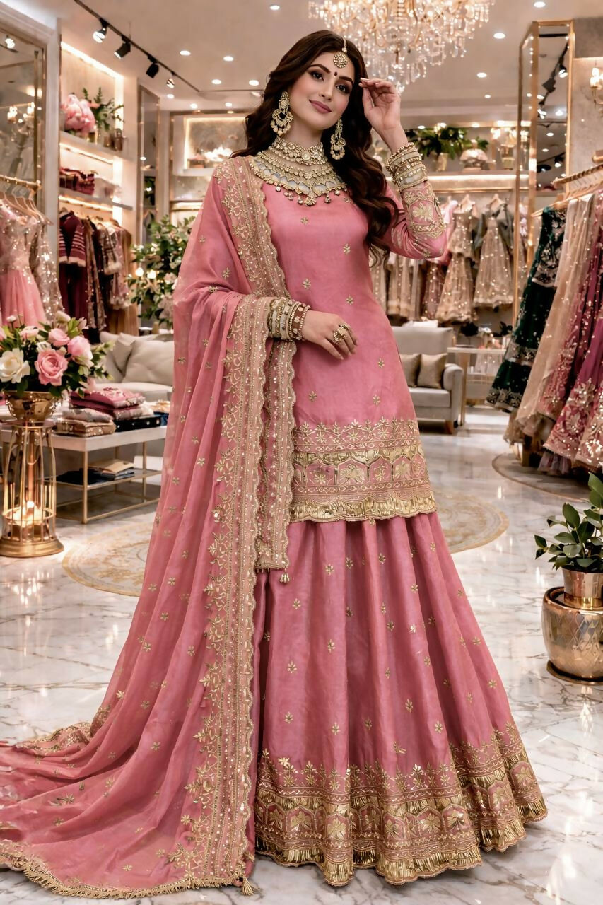 Teeya Creation Pink Color Fendy Satin Heavy Embroidery Work Wedding Wear Stitched Lehenga Choli | Grocsy