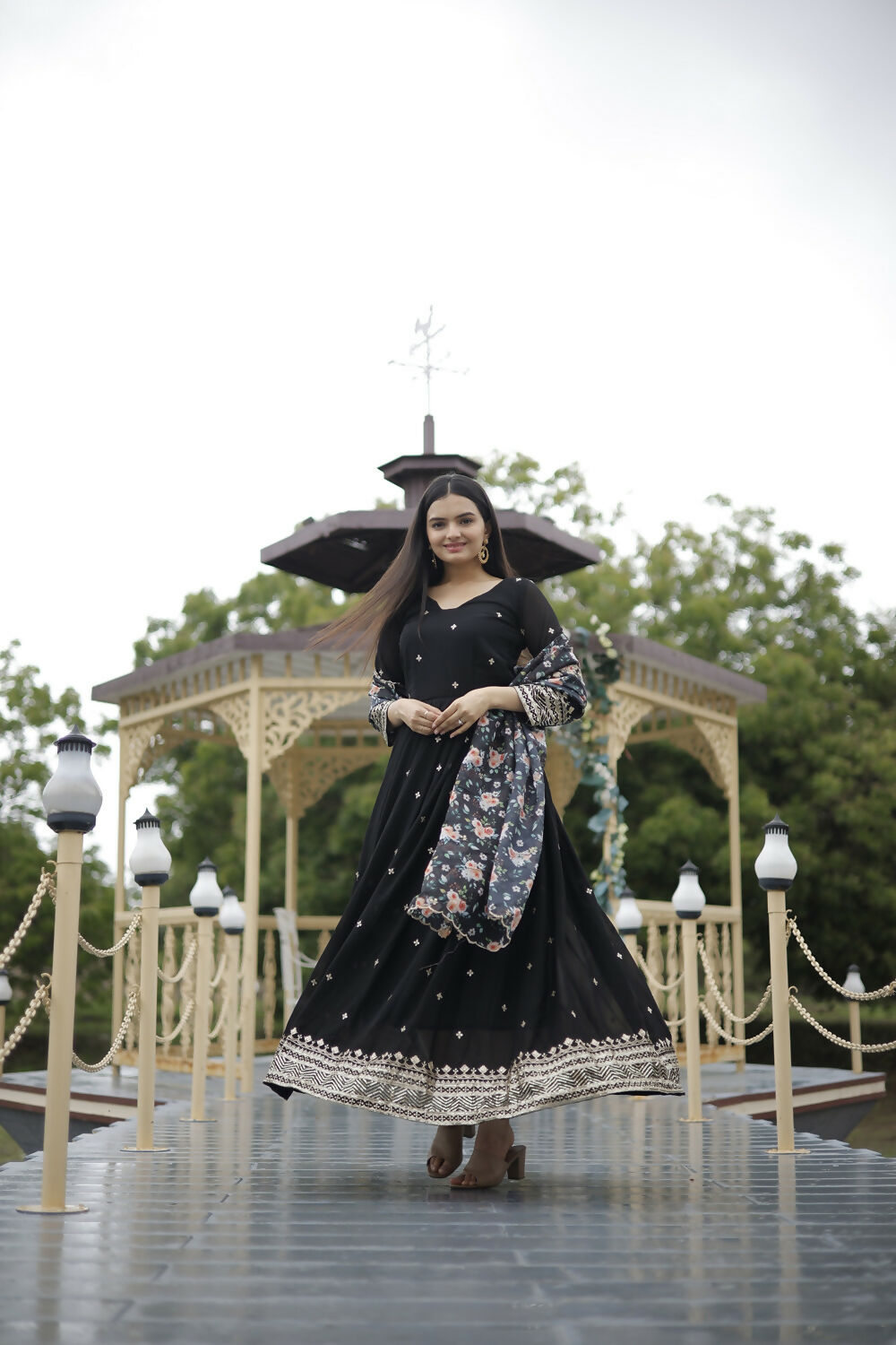 Aayaa Designer Embroidery Zari Sequins-Work Faux Blooming Georgette Suit - Black | Grocsy