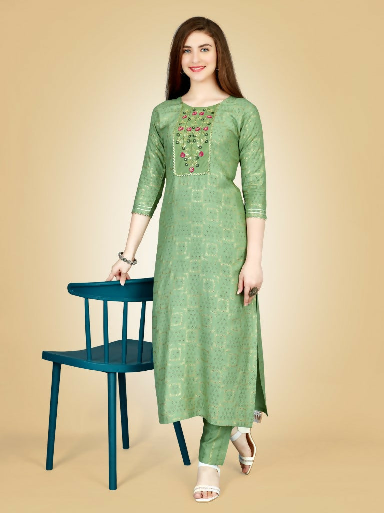 Jyoti Fashion Women's Sea Green Viscose Rayon Embroidered Kurta Pant Set | Grocsy