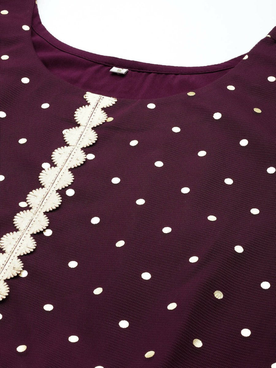 Ahalyaa Women Burgundy Polka Dots Fit & Flare Maxi Ethnic Dress | Grocsy