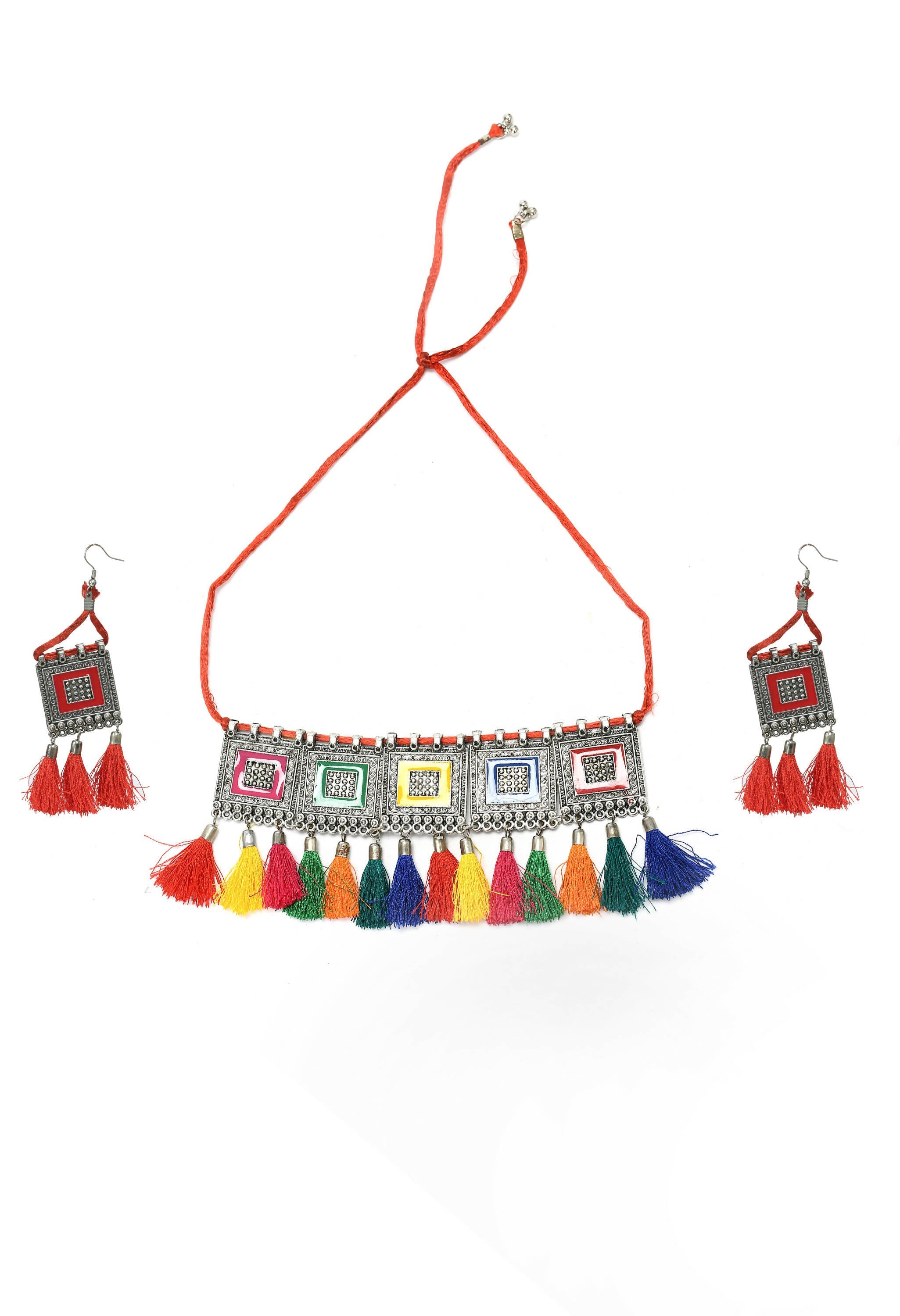 Mominos Fashion Johar Kamal Oxidised Silver-Plated Brass Finish Tassel Work Handicraft Choker For Women (Multi) | Grocsy