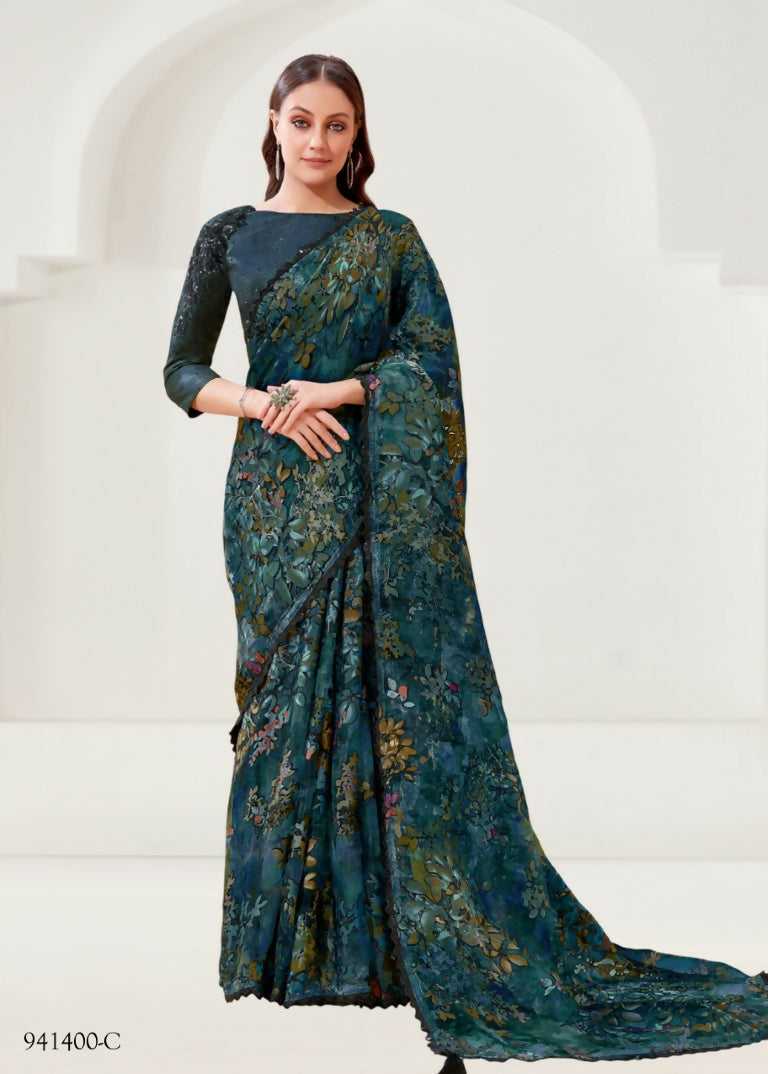 Teal Blue Brasso Cut Daana And Handwork Saree - Norita Nirali | Grocsy