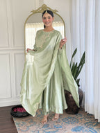The52 Women's Beautiful Vichitra Silk Fabric Embroidery Work Flared Anarkali Pant and Dupatta Set | Grocsy