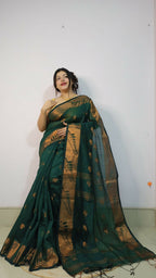 Exclusive Collection Beautiful Dark Green Cotton Silk Woven Handloom Saree With Running Blouse Piece | Grocsy