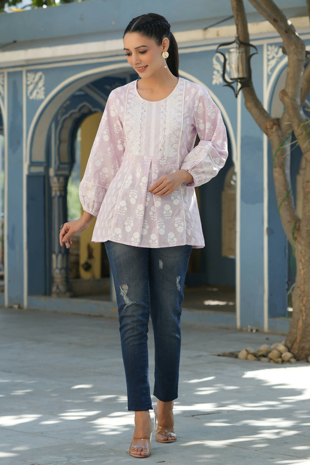 Juniper Women's Lavender Cambric Placement Floral Printed Tunic | Grocsy