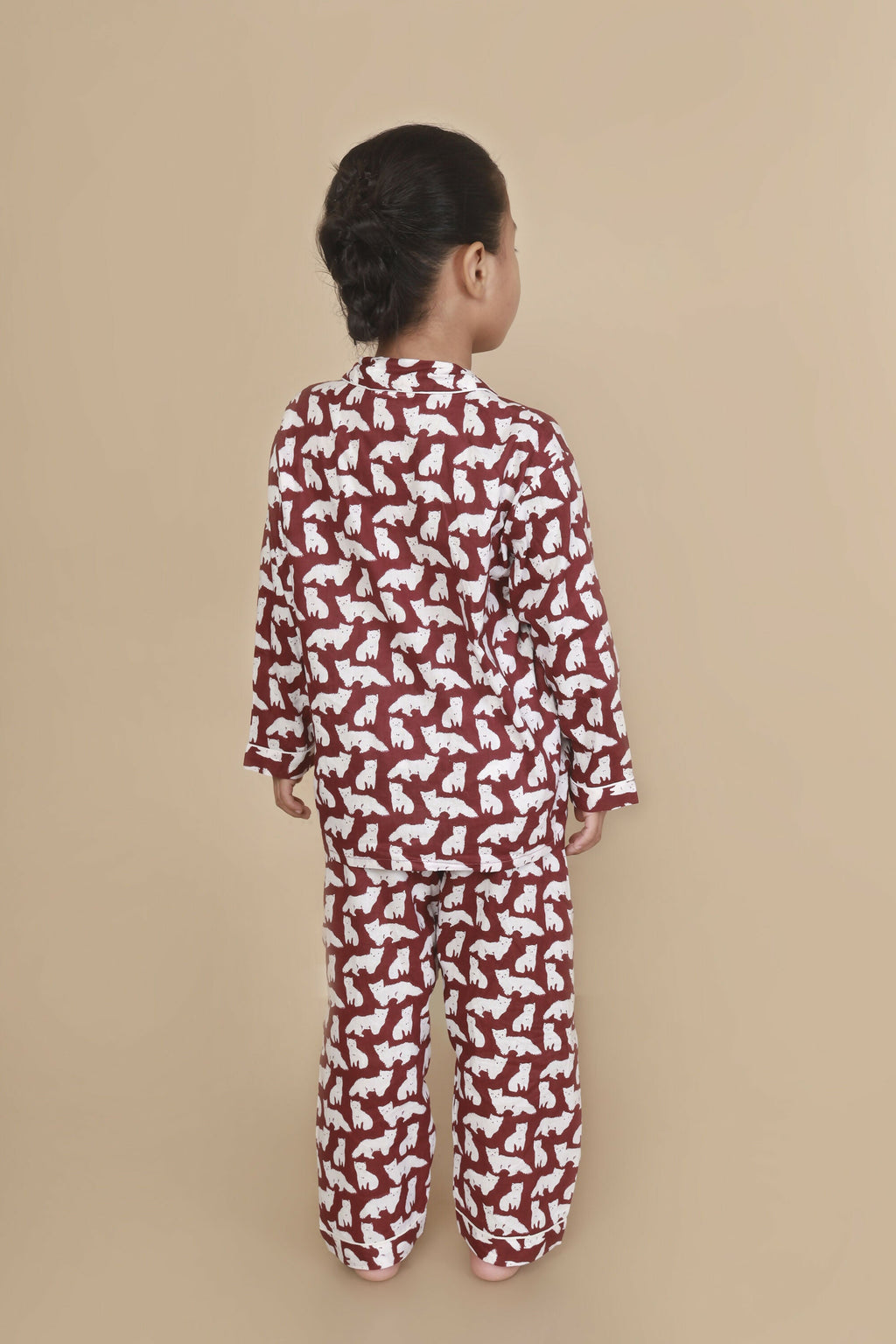 Breathables Kids Cotton Night Suit – Maroon Cat Print Shirt & Pyjama Co-Ord Set For Boys & Girls | Grocsy