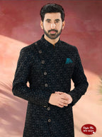 Joban Fashion Men's Blue Base Straight Velvet Thread And Sequence Embroidary All Over Indo-Western Kurta Set | Grocsy