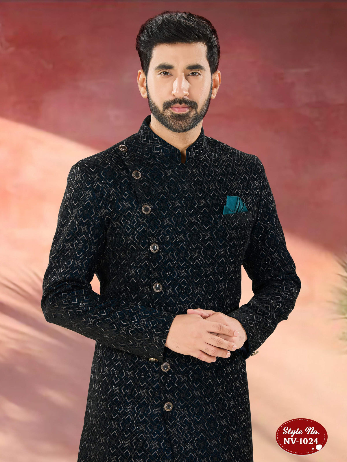 Joban Fashion Men's Blue Base Straight Velvet Thread And Sequence Embroidary All Over Indo-Western Kurta Set | Grocsy