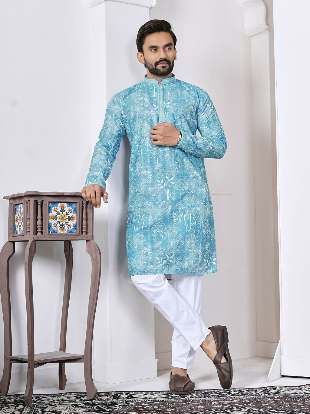 Anaita Sky Blue Digital Printed Work Cotton Straight Kurta | Grocsy