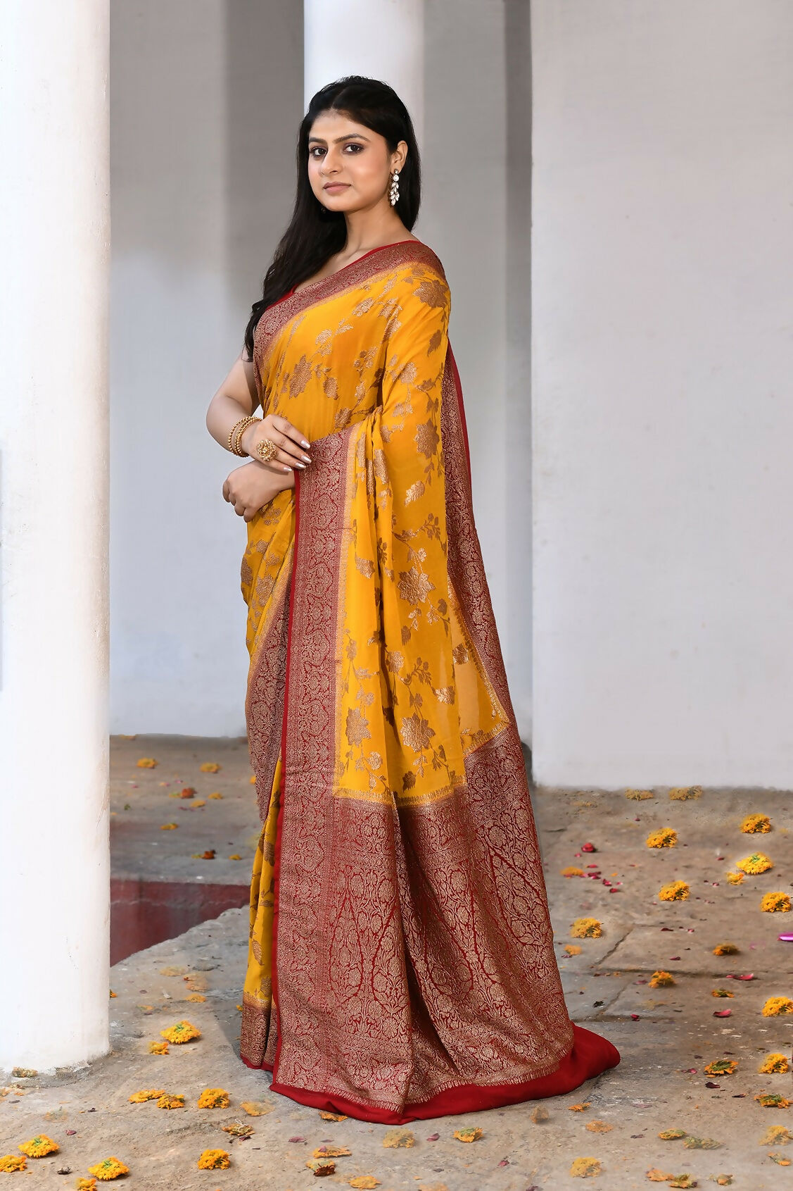 Joban Fashion Yellow Crepe Chiffon Pure Handloom Banarasi Silk Saree | Grocsy
