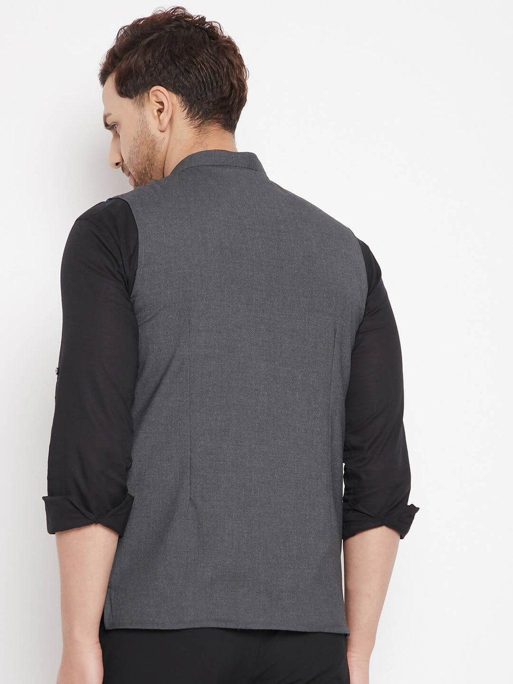 Even Apparels Grey Merino Men's Nehru Jacket-Contrast Lining-Free Pocket Square PW691 | Grocsy