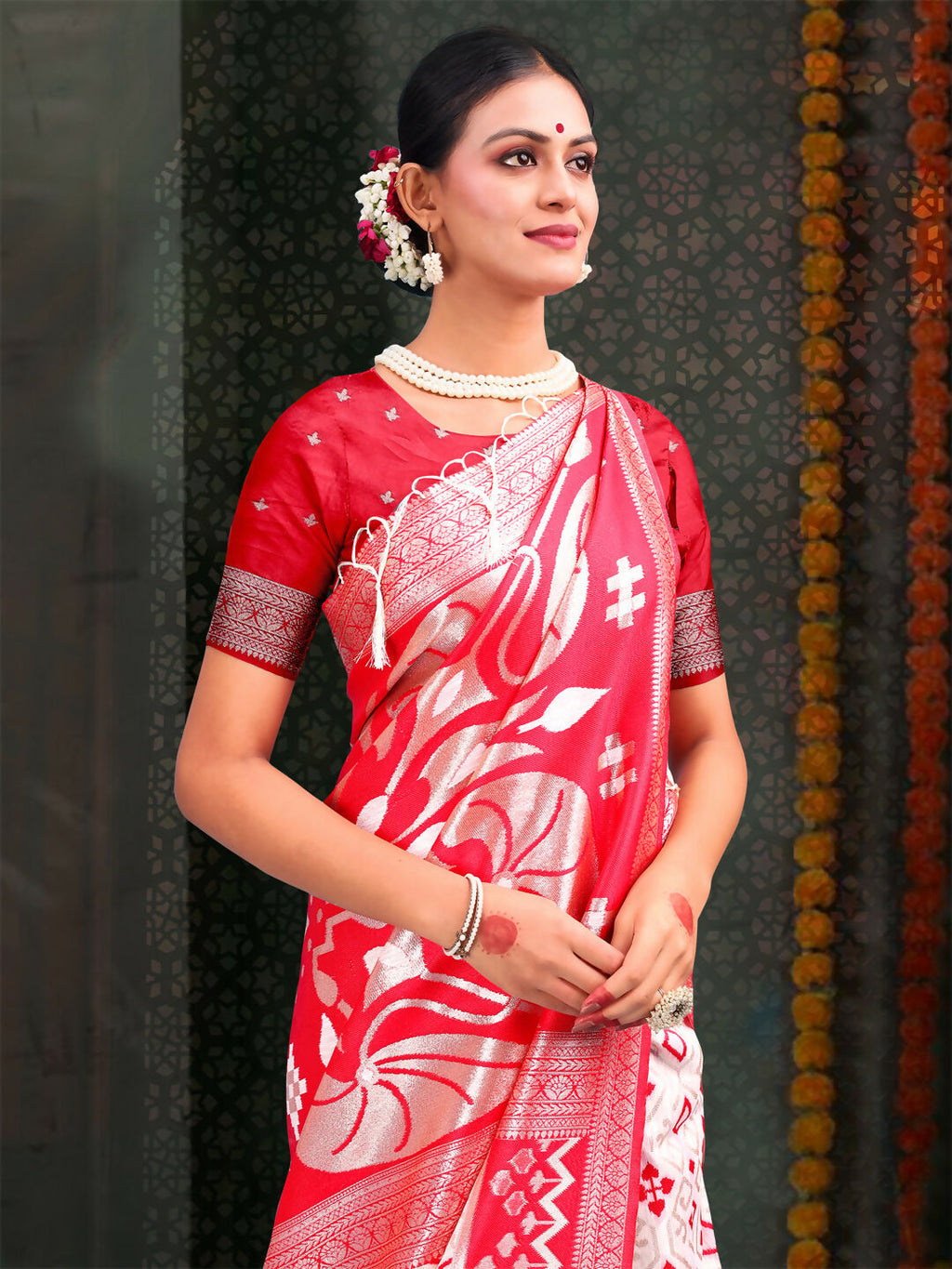 Shree Shyam Fashion Devistuti Red White Linen Cotton Saree | Grocsy