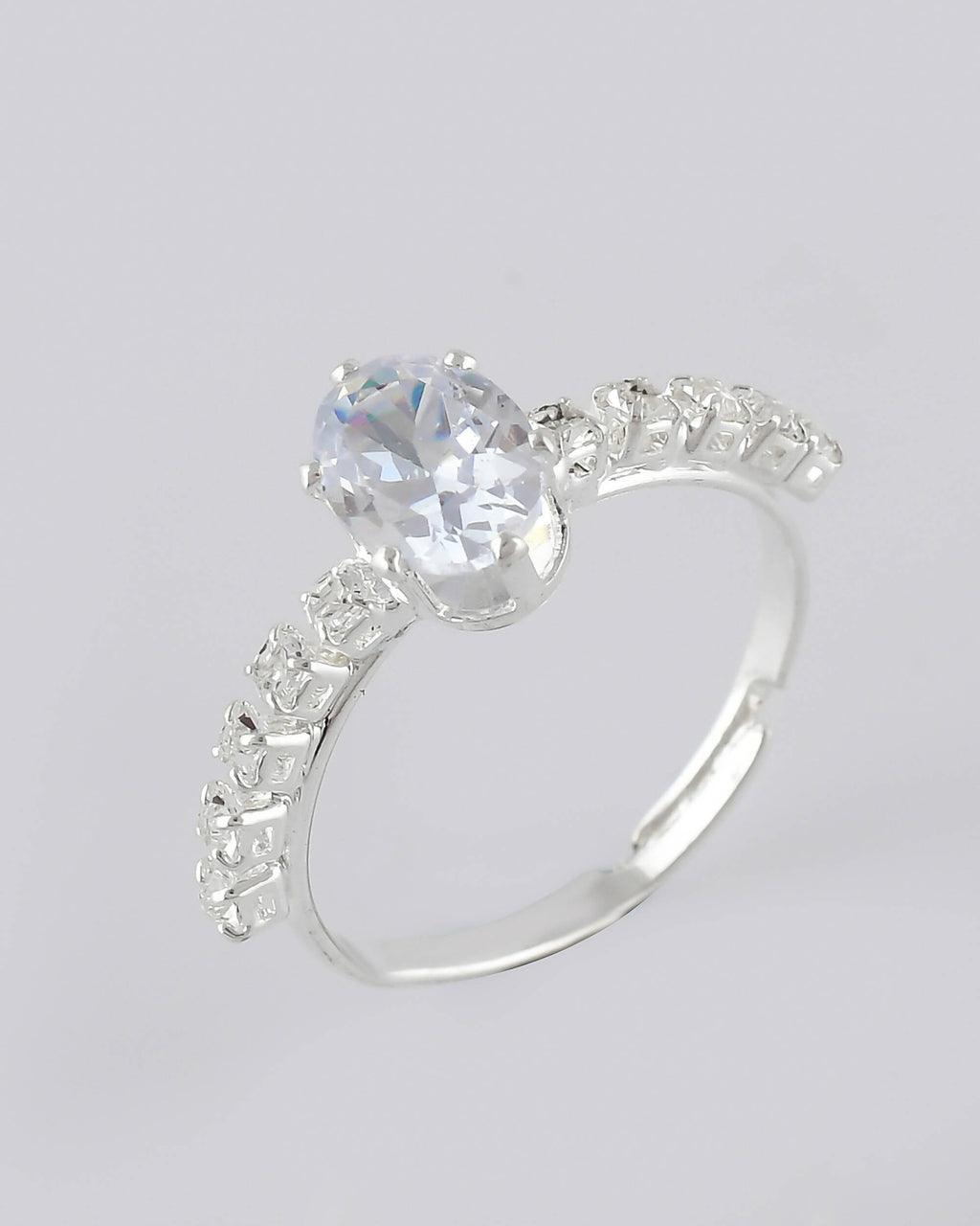 VOJ white CZ-detail Stainless Steel Cubic Zirconia Silver Plated Adjustable Finger Ring | Grocsy