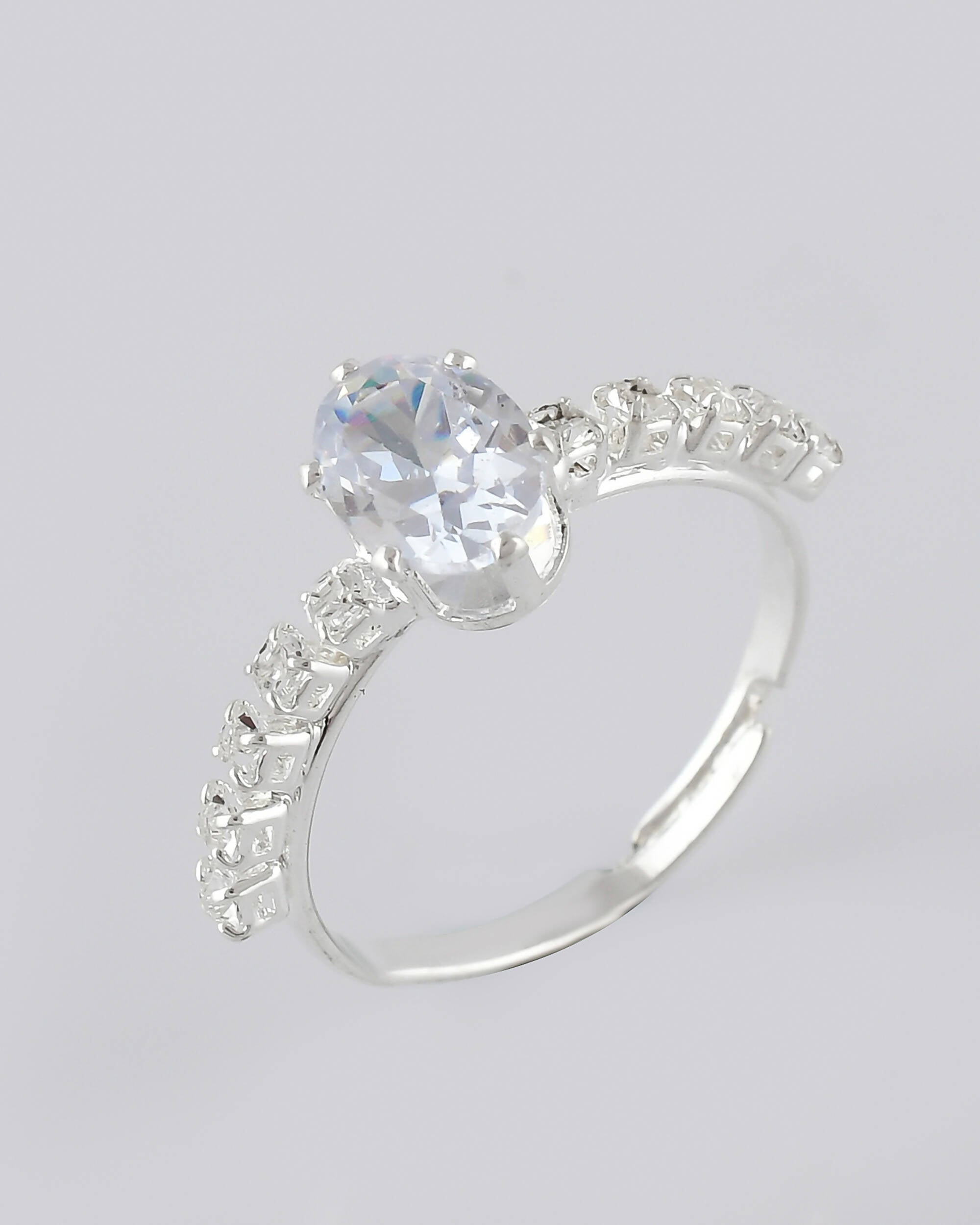 VOJ white CZ-detail Stainless Steel Cubic Zirconia Silver Plated Adjustable Finger Ring | Grocsy