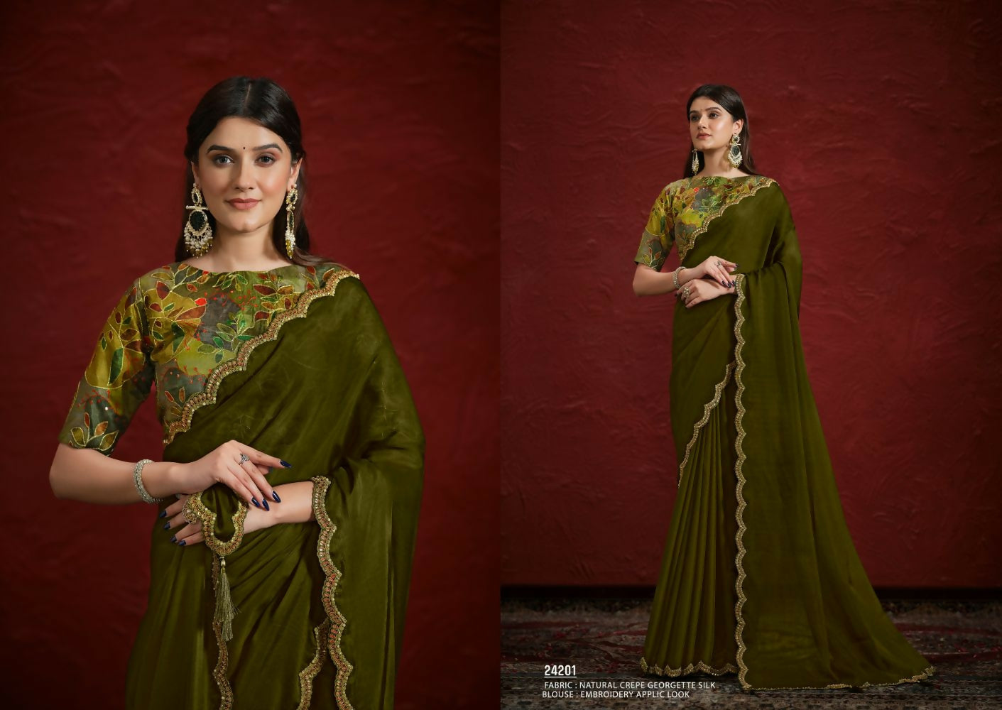 Green Natural Crepe Georgette Silk Sequence with Handwork Saree with Stitched Blouse - Mohmanthan Aaina | Grocsy