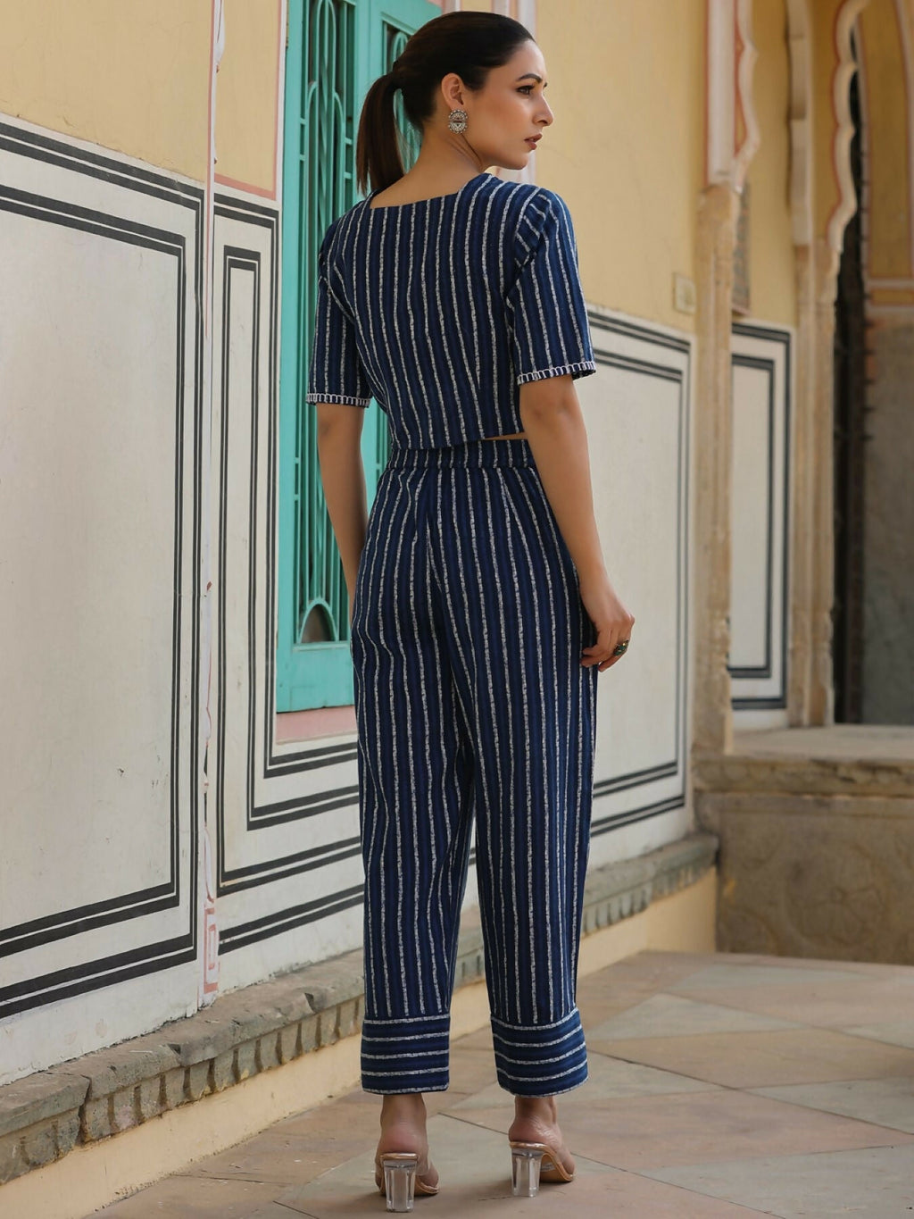 Juniper Navy blue Striped Printed cotton flex Crop Top & Pants Set With Thread Work | Grocsy
