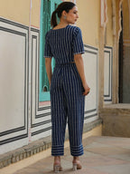 Juniper Navy blue Striped Printed cotton flex Crop Top & Pants Set With Thread Work | Grocsy