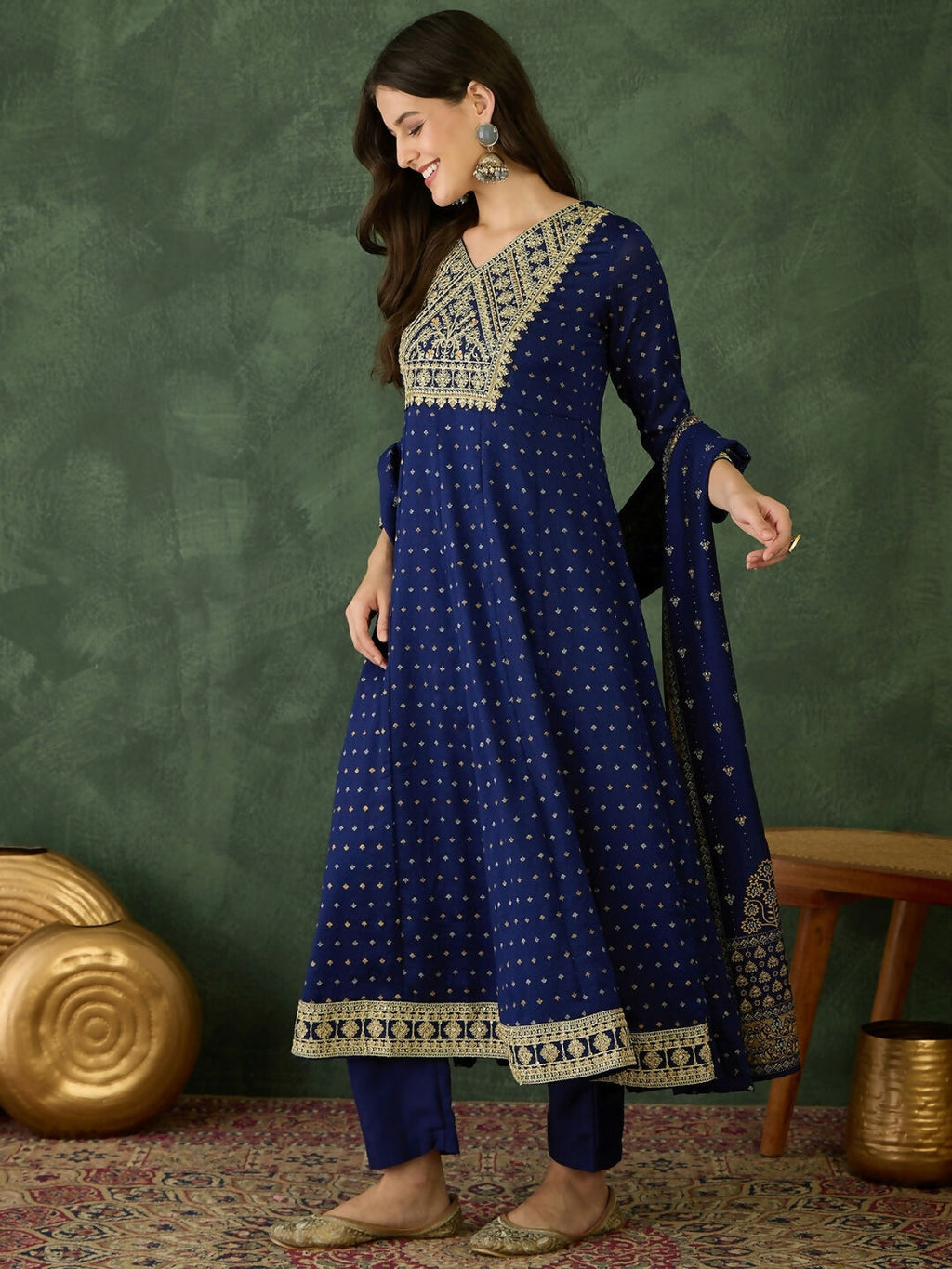 The52 Blue Women's Gorgeous Embroidered Work Vichitra Silk Fabric Flared Kurta Pant and Dupatta Set | Grocsy