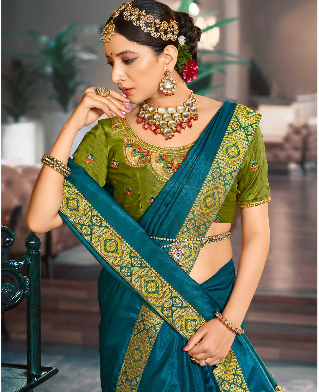 Teal Solid Vichitra Saree With Unstitched Blouse Piece - Selena | Grocsy