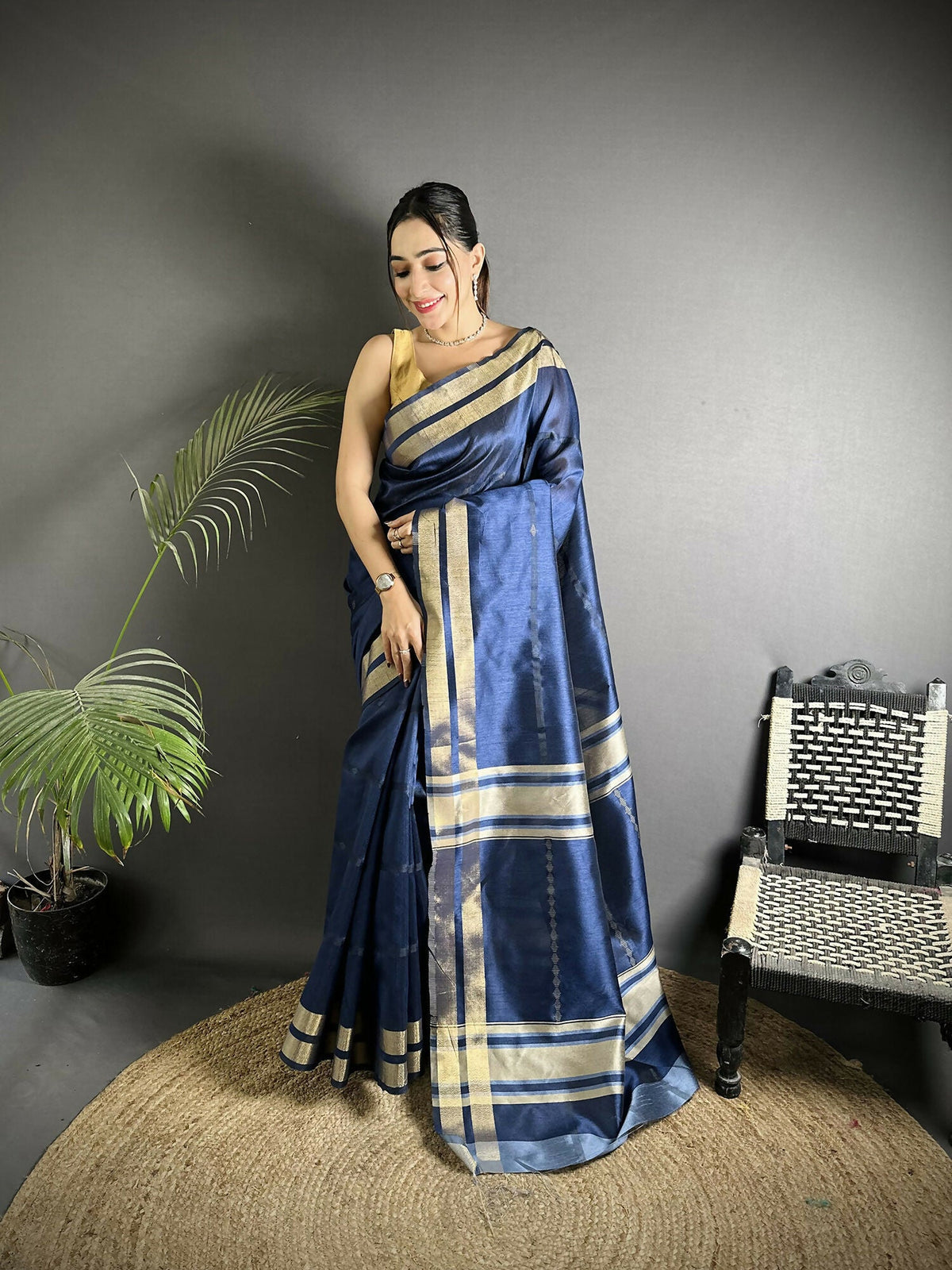 Joban Fashion Navy Blue Woven Pattern Raw Silk Kanjivaram Silk Saree | Grocsy