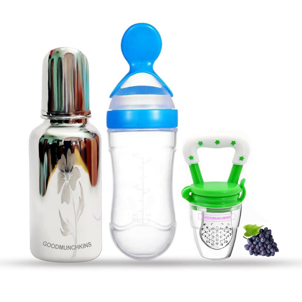 Goodmunchkins Stainless Steel Feeding Bottle, Food Feeder & Fruit Feeder Combo for Baby-(Blue-Green, 220ml) | Grocsy