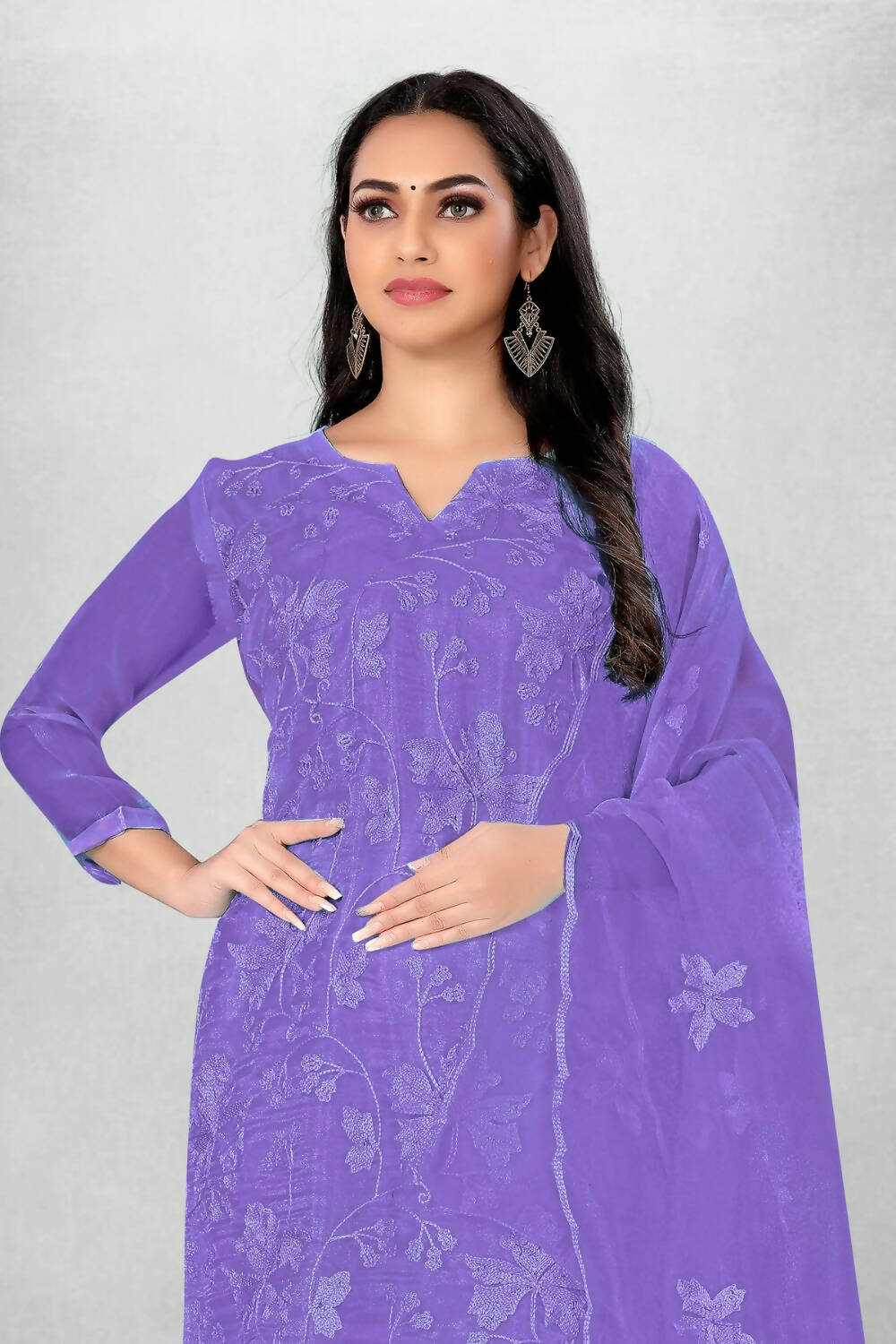 Lavender Heavy Organza Silk Embroidered Unstitched Dress Material - Amara | Grocsy
