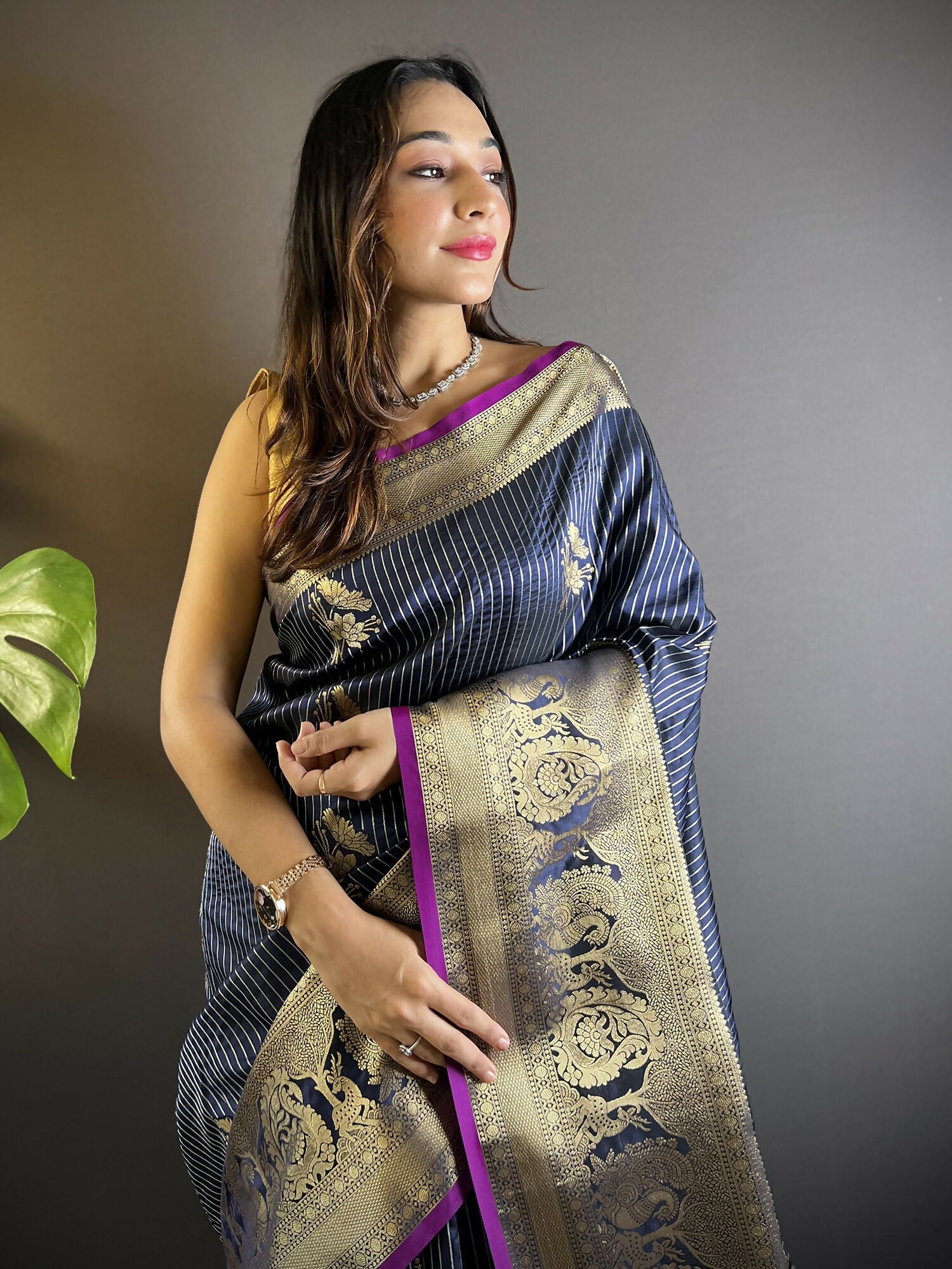 Joban Fashion Navy Blue Striped With Floral Motifs Soft Silk Leheriya Saree | Grocsy