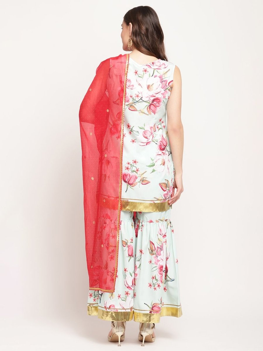 Ahalyaa Women's Mint Green Crepe Digital Floral Print Kurta Sharara Set with Dupatta | Grocsy