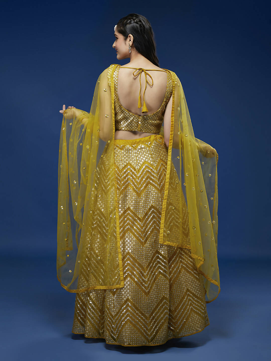 House of Panchhi Mustard Net Sequinse Work Lehenga & Blouse, Dupatta | Grocsy