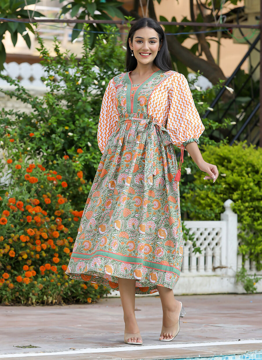 Kaajh Women's Orange Hand Block Printed Dress | Grocsy
