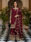 Teeya Creation Maroon Chinon Silk Designer Wedding Wear Embroidery Work Palazzo | Grocsy