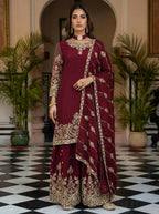 Teeya Creation Maroon Chinon Silk Designer Wedding Wear Embroidery Work Palazzo | Grocsy