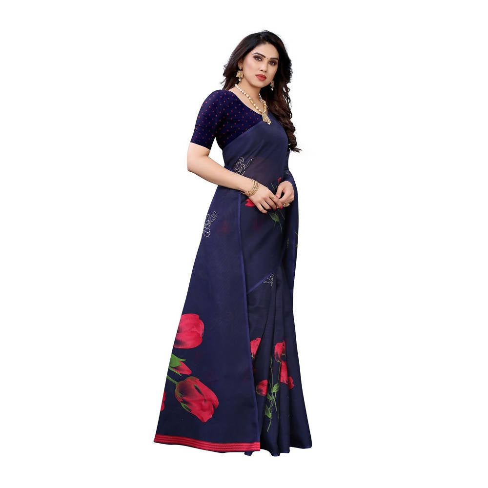 Vamika Printed Jute Silk Blue Saree (Elisa Navy) | Grocsy