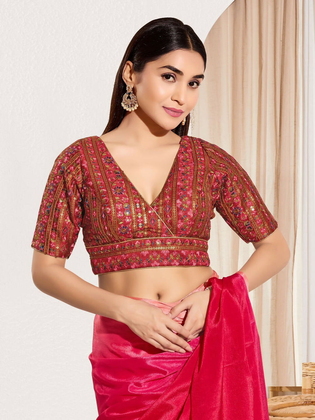 Joban Fashion Maroon Mulberry Silk Padded Blouse With V Neck Elbow Sleeves | Grocsy