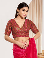 Joban Fashion Maroon Mulberry Silk Padded Blouse With V Neck Elbow Sleeves | Grocsy