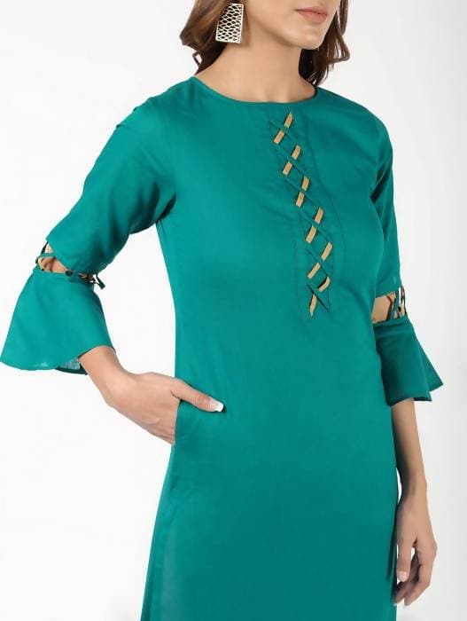Aniyah Cotton Criss Cross Bell Sleeves Blue Straight Kurta (AN-143K) | Grocsy