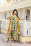 Jyoti Fashion Women's Green Russian Silk Sequins Zari Embroideredy Anarkali Dress with Dupatta | Grocsy