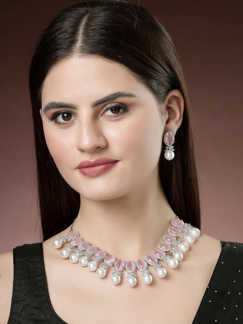 NVR Women's Silver-Plated Pink American Diamond Studded Handcrafted Jewellery Set | Grocsy