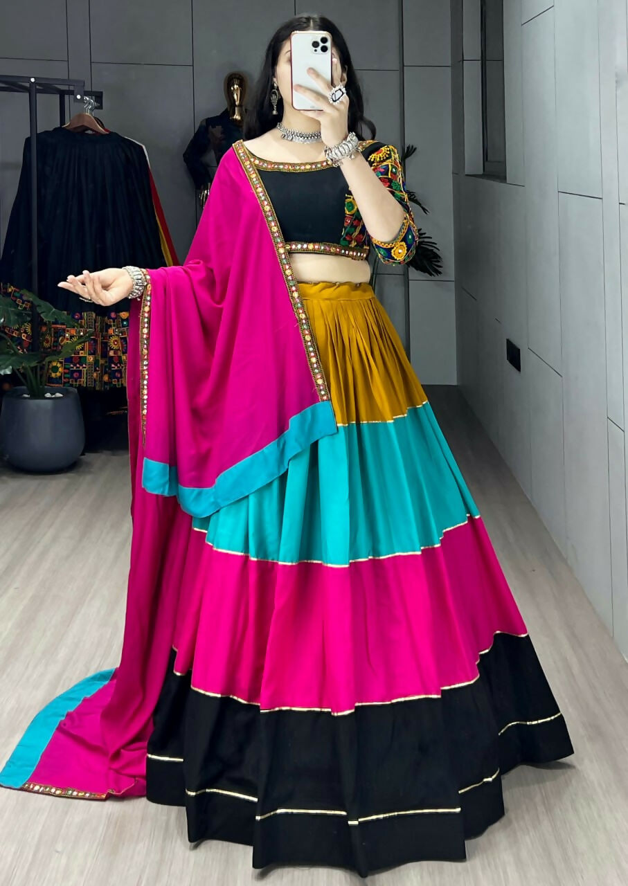 Yash Enterprise Multi Color Rayon Cotton Embroidery Semi Stitched Navratri Top Chaniya Choli | Grocsy