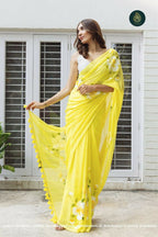 Exclusive Collection Beautiful Yellow Pure Cotton Hand Print Handloom Saree With Running Blouse Piece | Grocsy