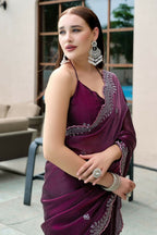 Vastranavya Wine Embroidery Work Shimmer Chiffon Saree with Unstitched Blouse | Grocsy