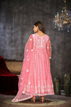 Jyoti Fashion Women's Baby Pink Net Embroidered Anarkali Kurta Pant Set With Dupatta | Grocsy
