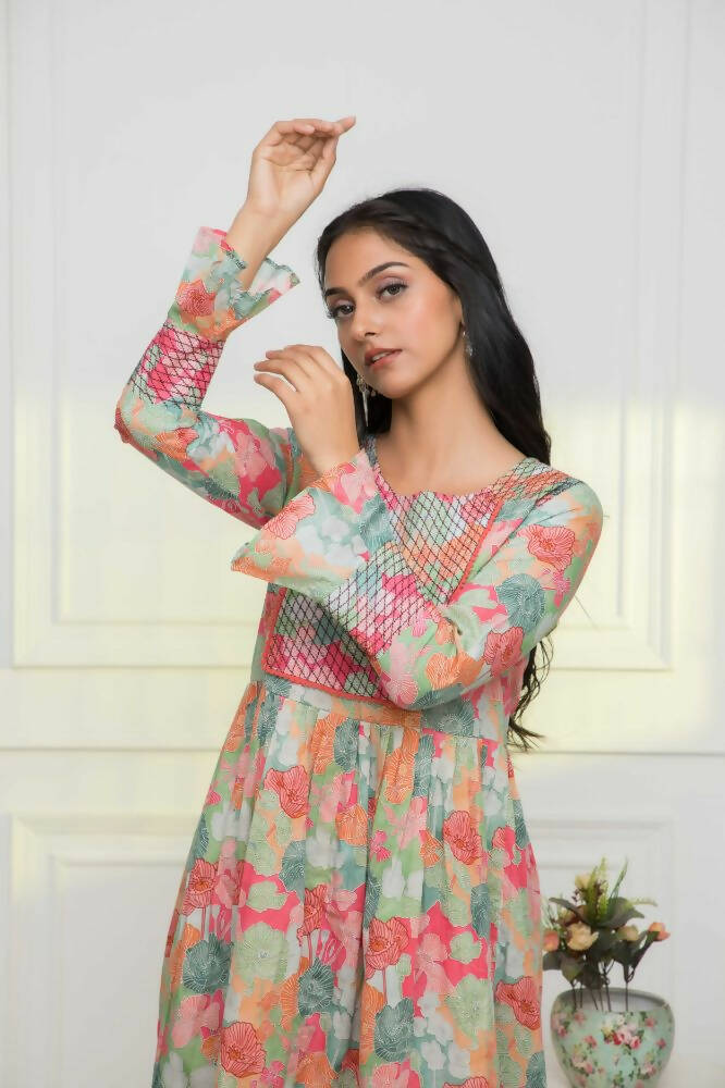 Myshka Women Multi Floral Rayon A-Line Round Neck Dress | Grocsy